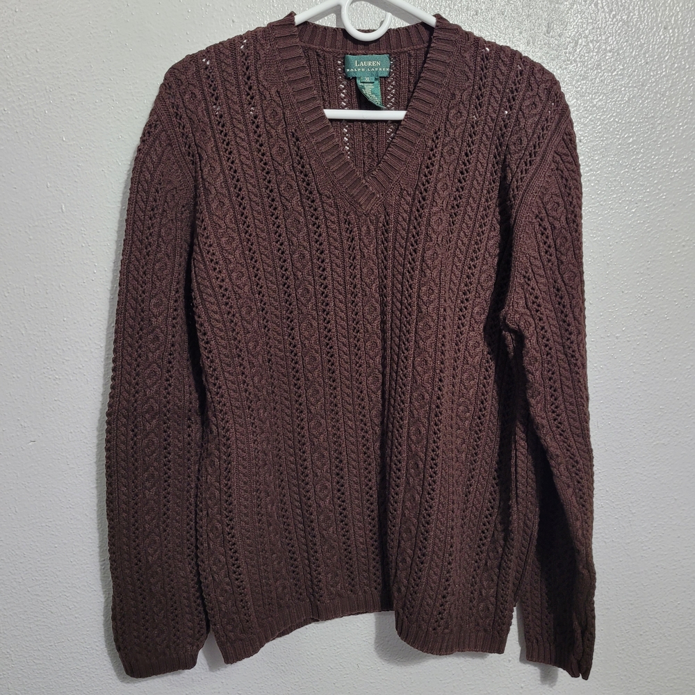 Lauren Ralph Lauren Womens Chocolate Brown V-neck Cable Knit Sweater Open Knit